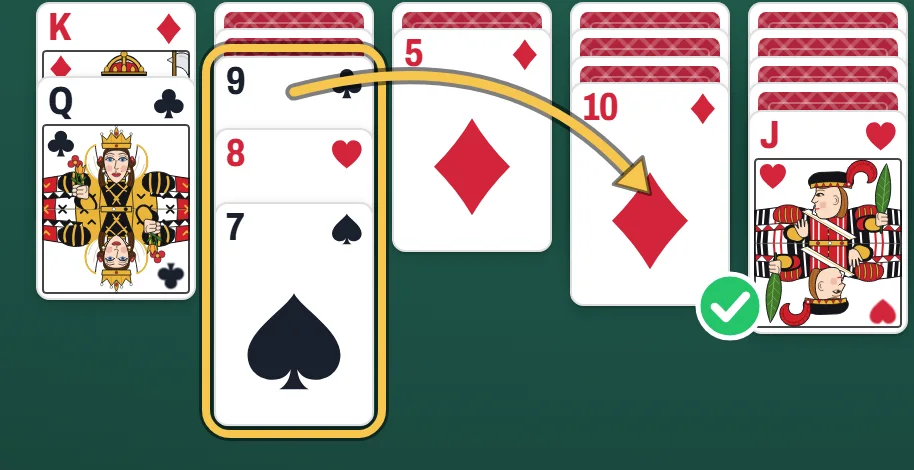 An allowed move: a run of three face-up cards, the 9 of clubs, 8 of hearts and 7 of spades, is circled and an arrow takes it onto the 10 of diamonds at the bottom of another column.